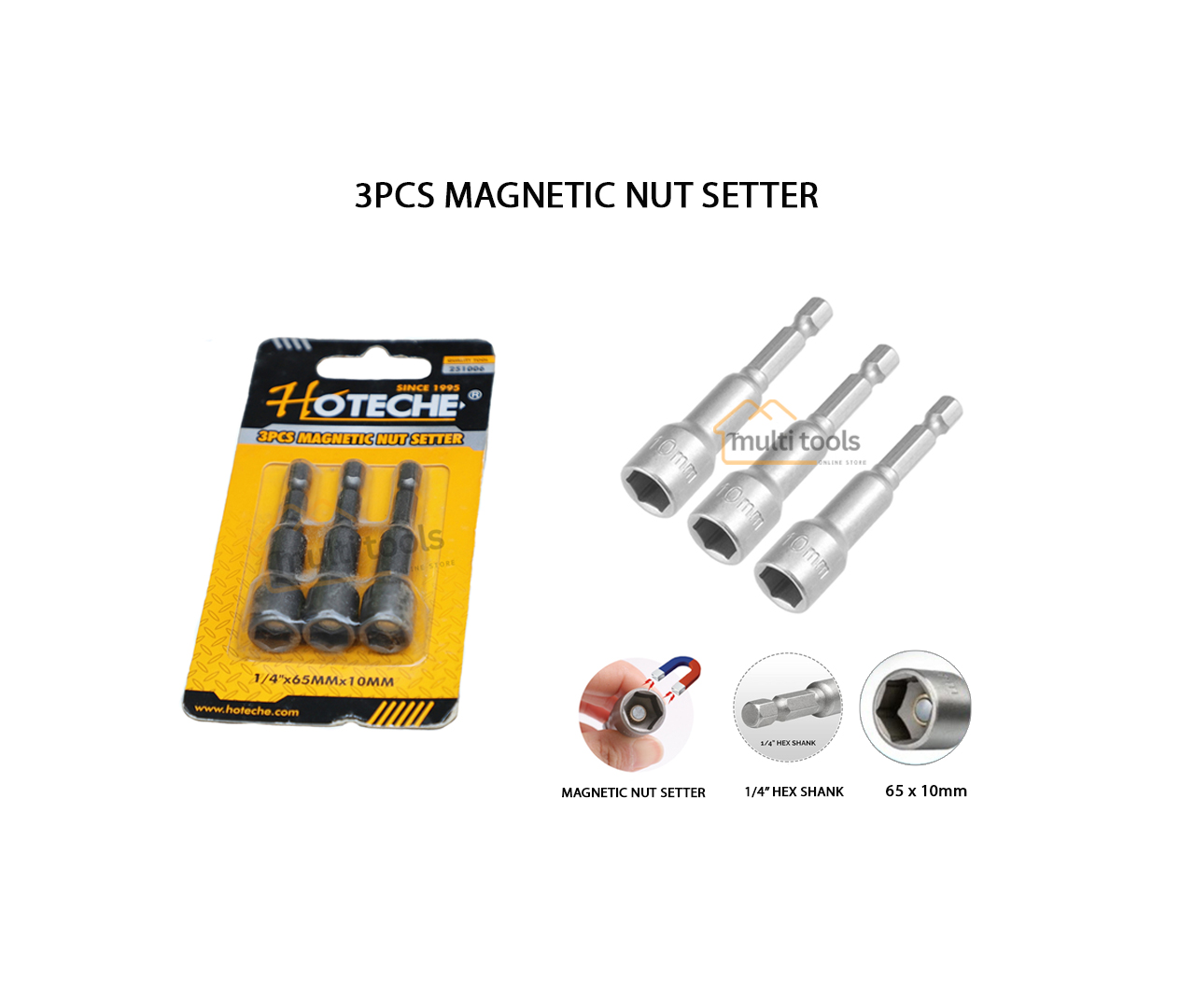 3 Pcs Magnetic Nut Setter (1/4X65Mmx10Mm)